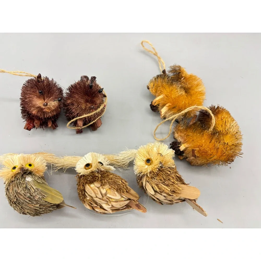 7pc Woodland Burlap Sisal Animal Ornaments Rustic Owl Squirrel Hedgehog Set